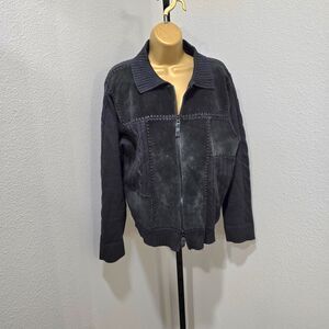 Vtg Suede Leather Sweater Jacket Womens L Black Patchwork Retro 80s Boho Hippie